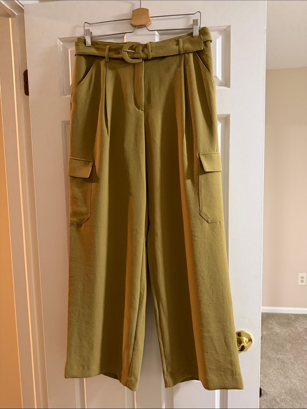 Express Olive Wide-Leg Cargo Pants with Belt